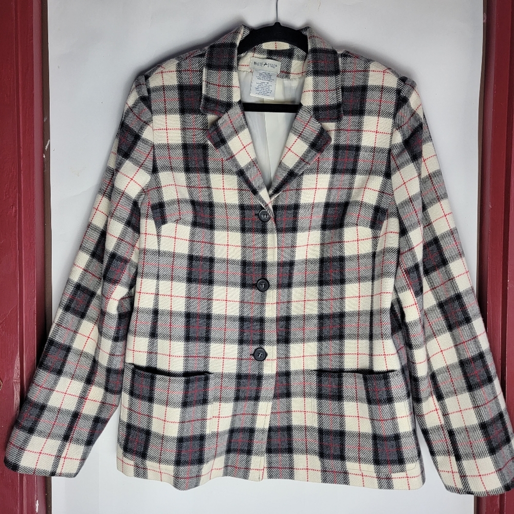 White Stag Wool Blend Plaid Button Down Blazer Sz 16